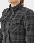 Black and gray plaid shirt with a brand logo on a white background