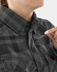 Person wearing a black checkered jacket with a brand logo on the collar.