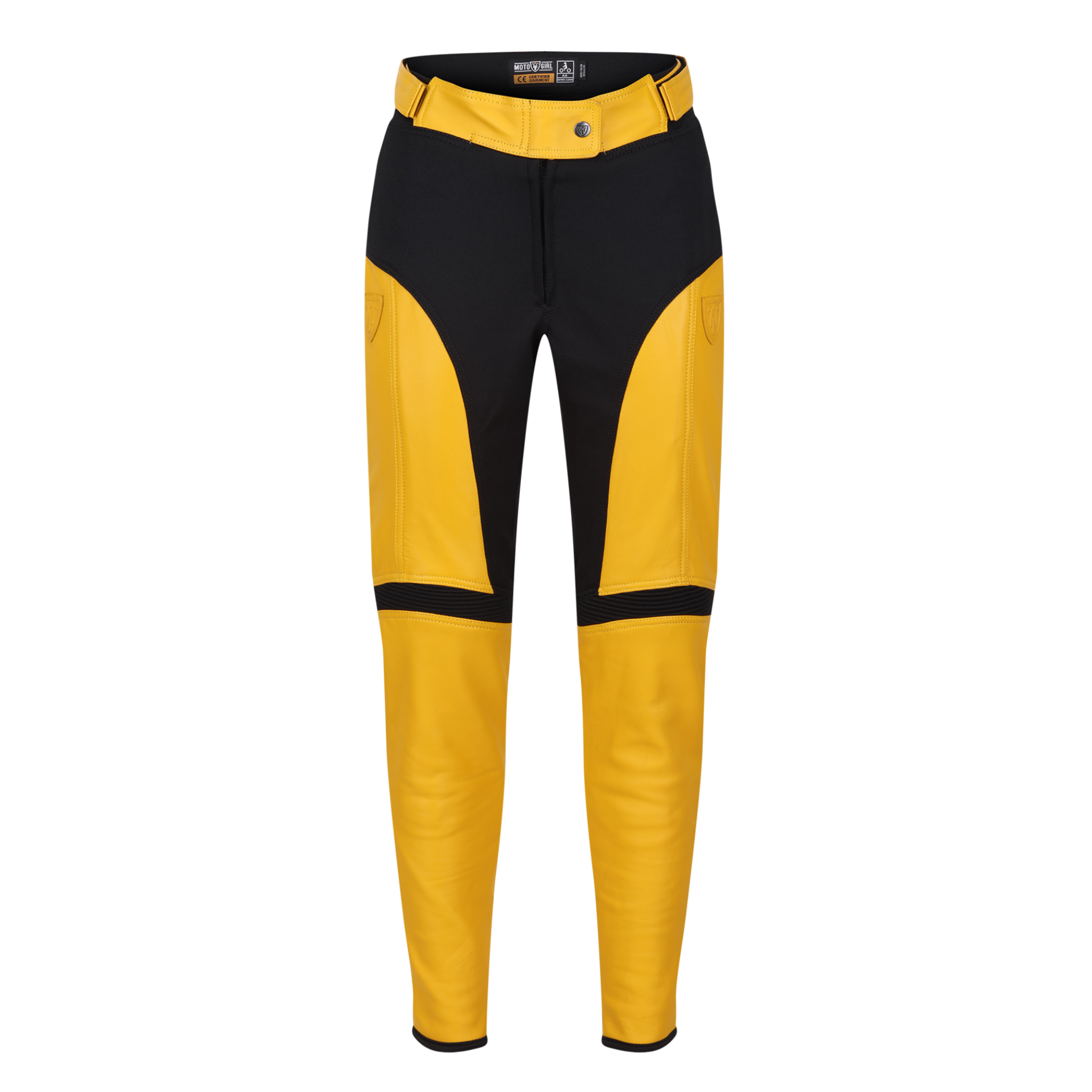 black yellow motorcycle leather and textile pants from the Moto Girl