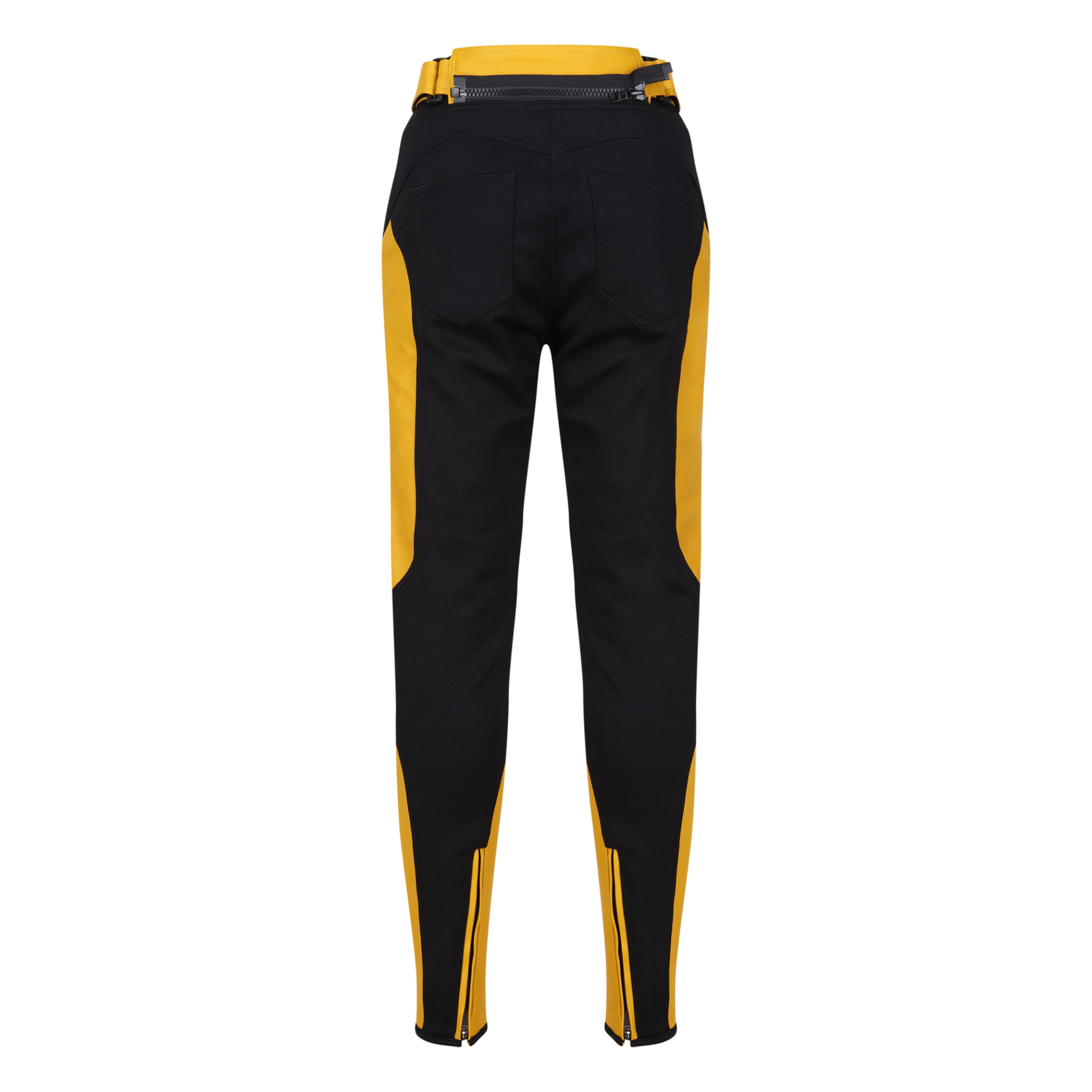 the back of the black yellow motorcycle leather and textile pants from the Moto Girl