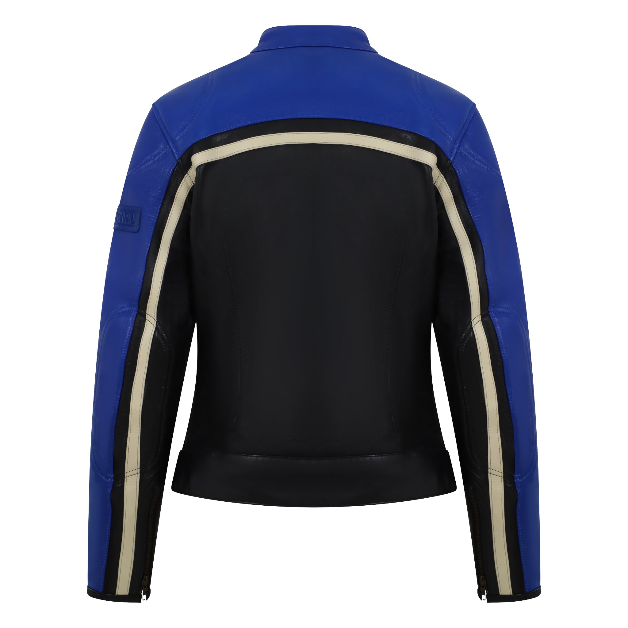 a back of Retro style blue and black women motorcycle jacket