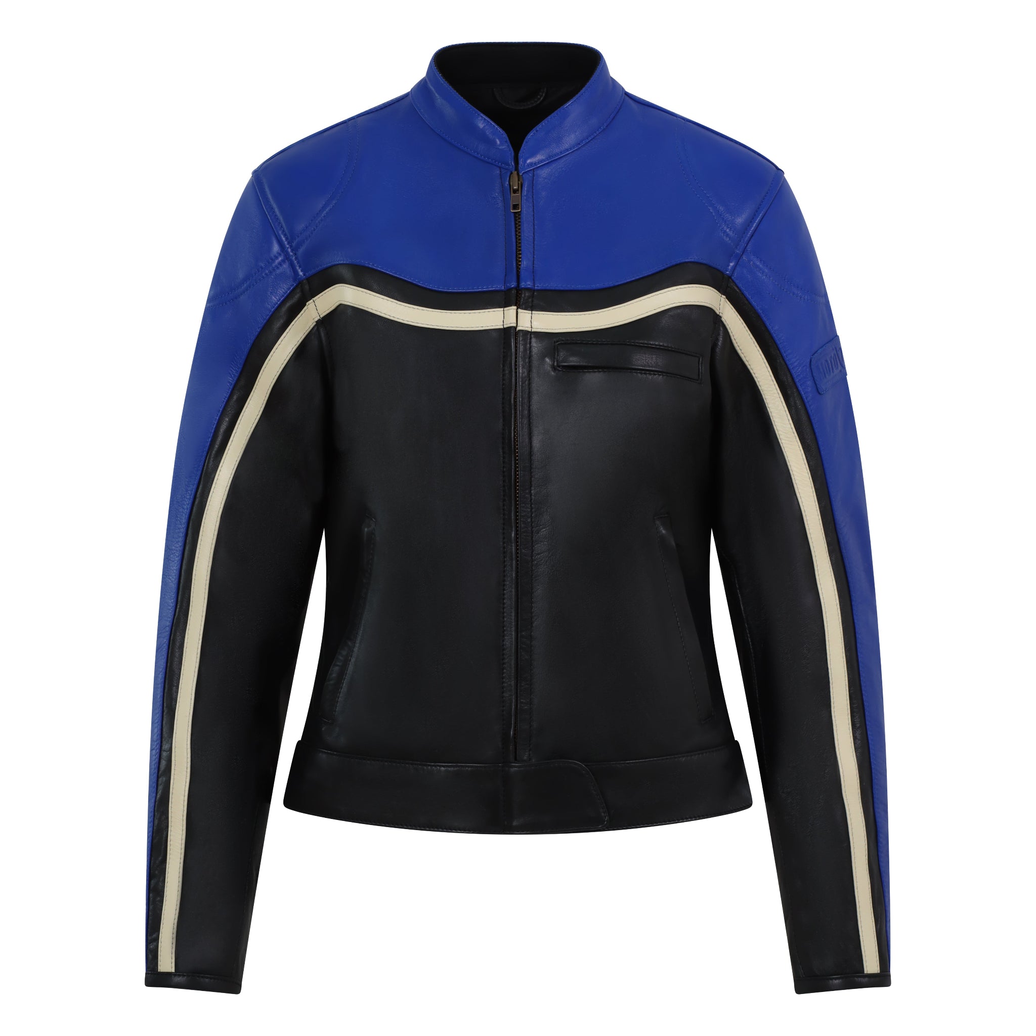Retro style blue and black women motorcycle jacket