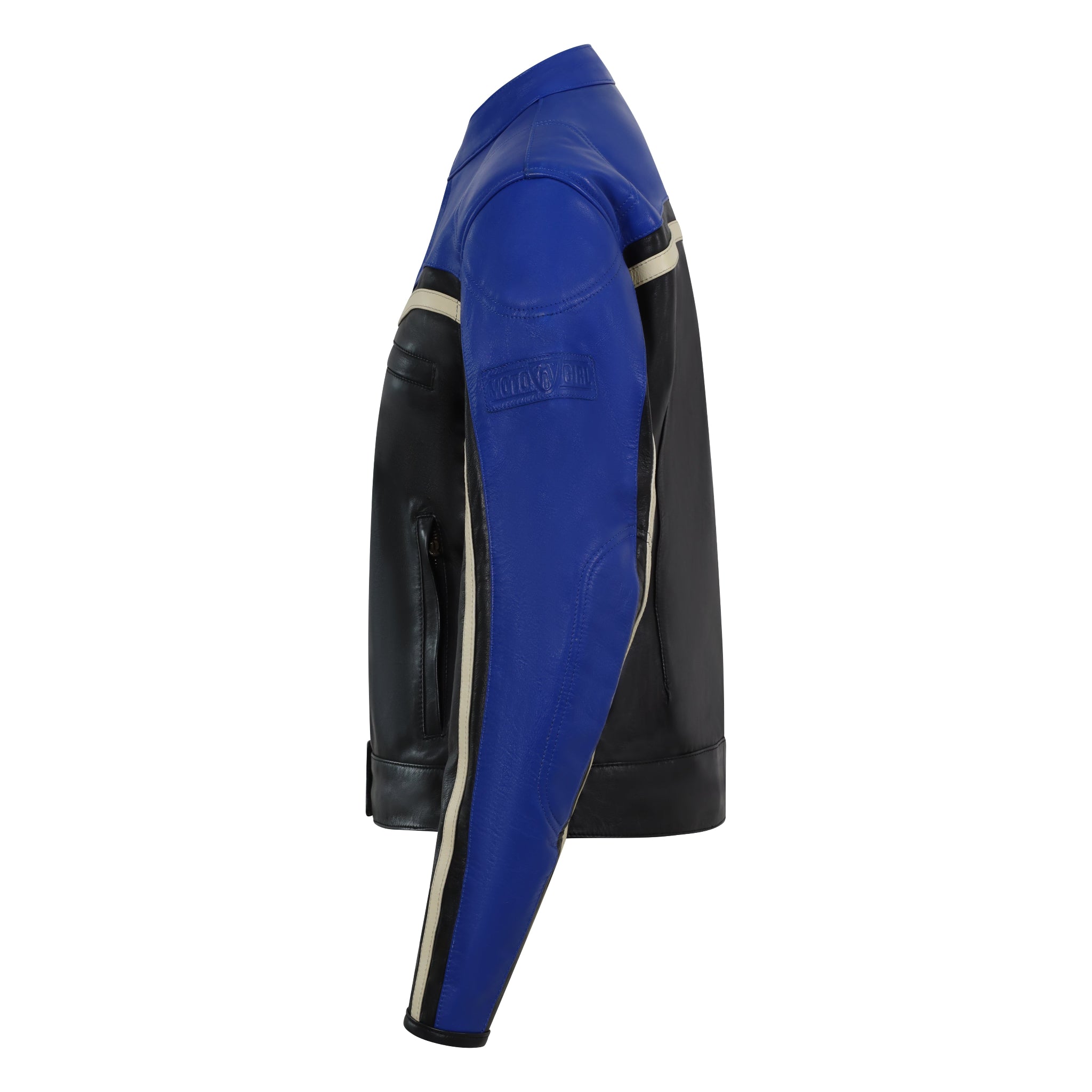a side of Retro style blue and black women motorcycle jacket