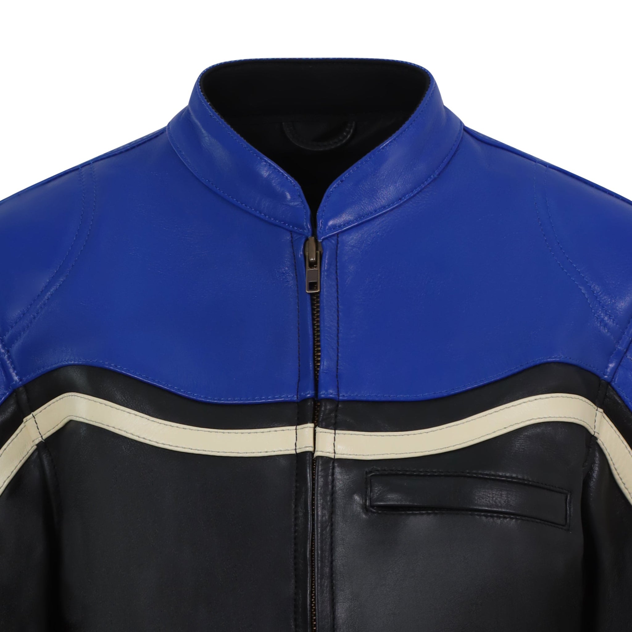 a collor of a Retro style blue and black women motorcycle jacket
