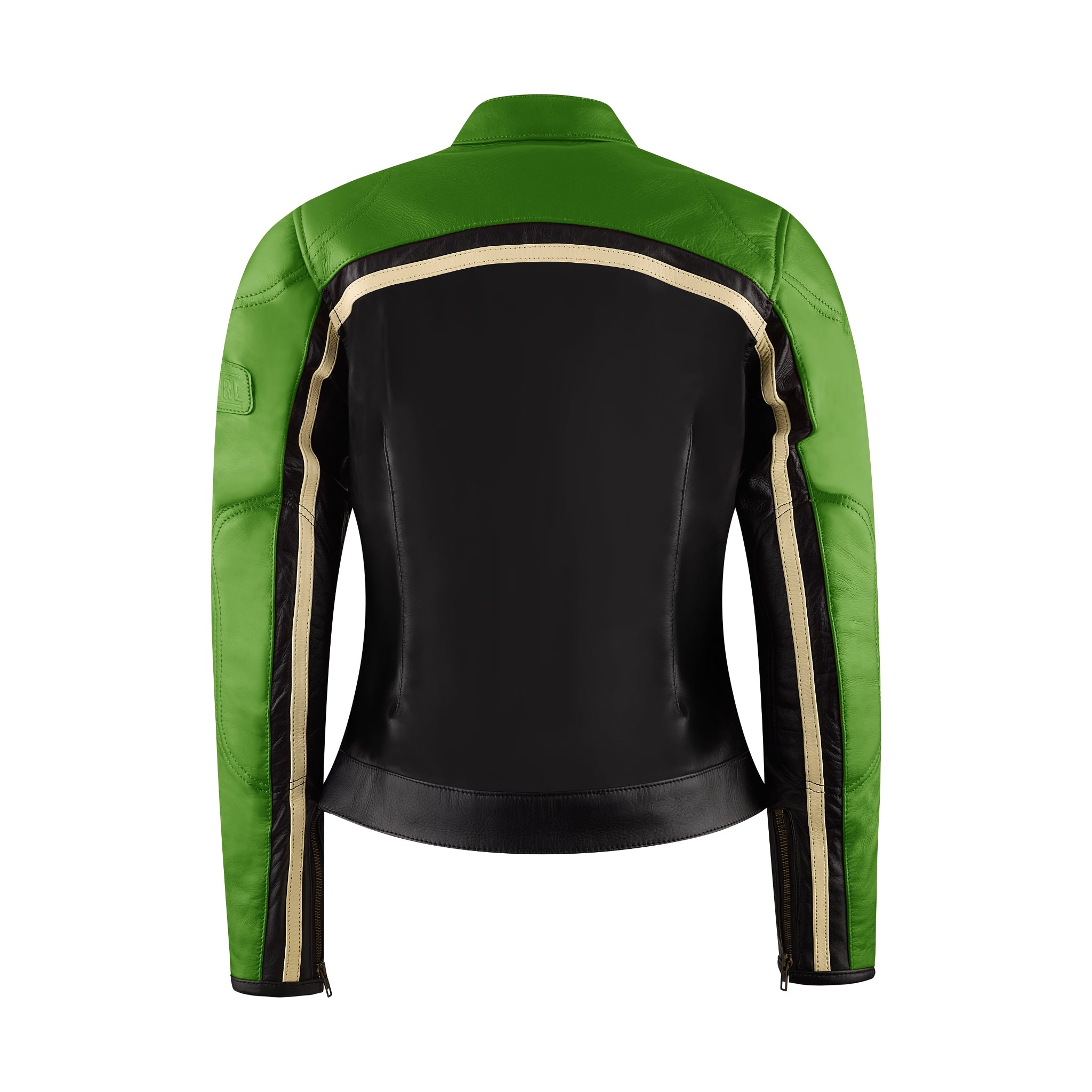 back of retro style green and black women motorcycle jacket