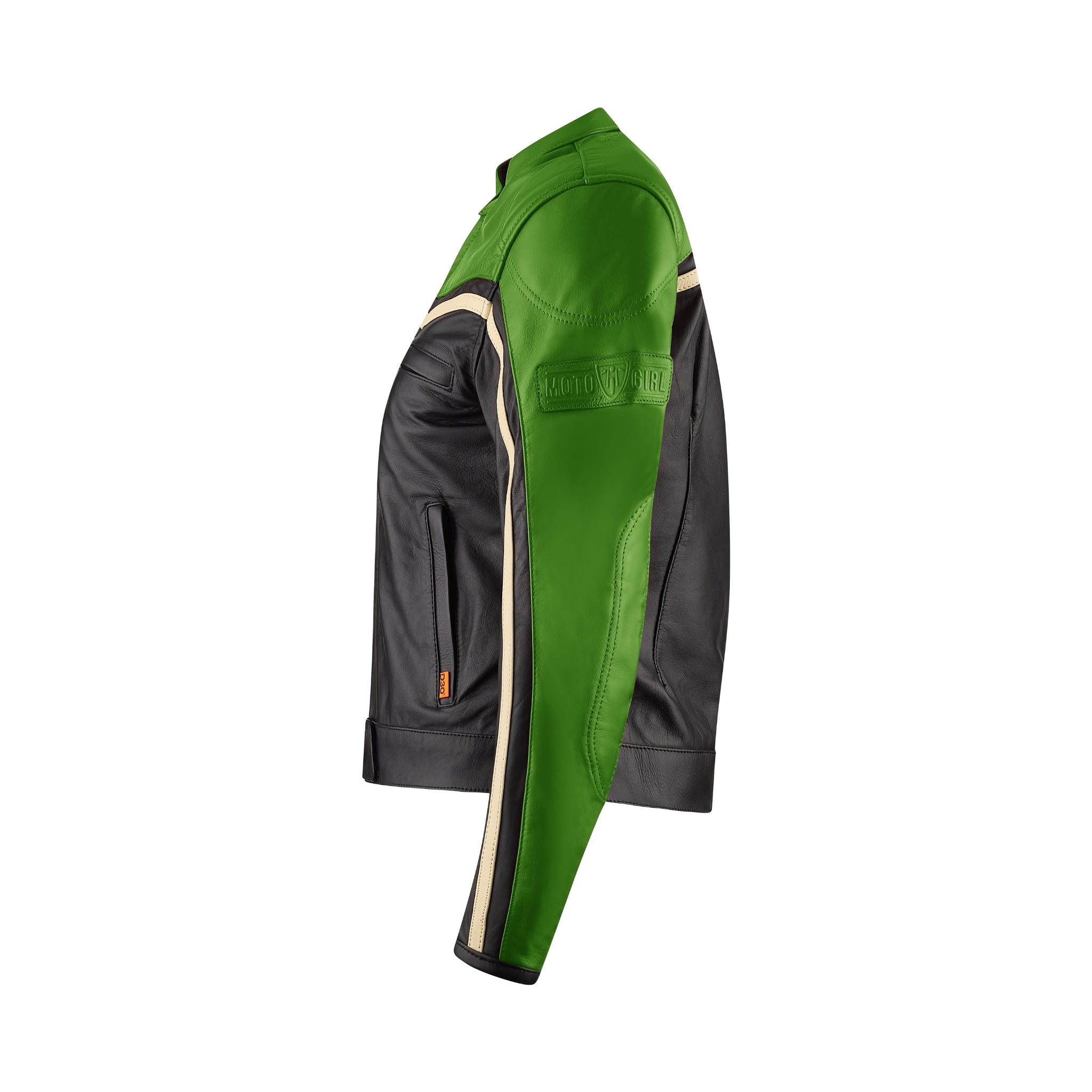 side of retro style green and black women motorcycle jacket