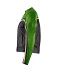 side of retro style green and black women motorcycle jacket