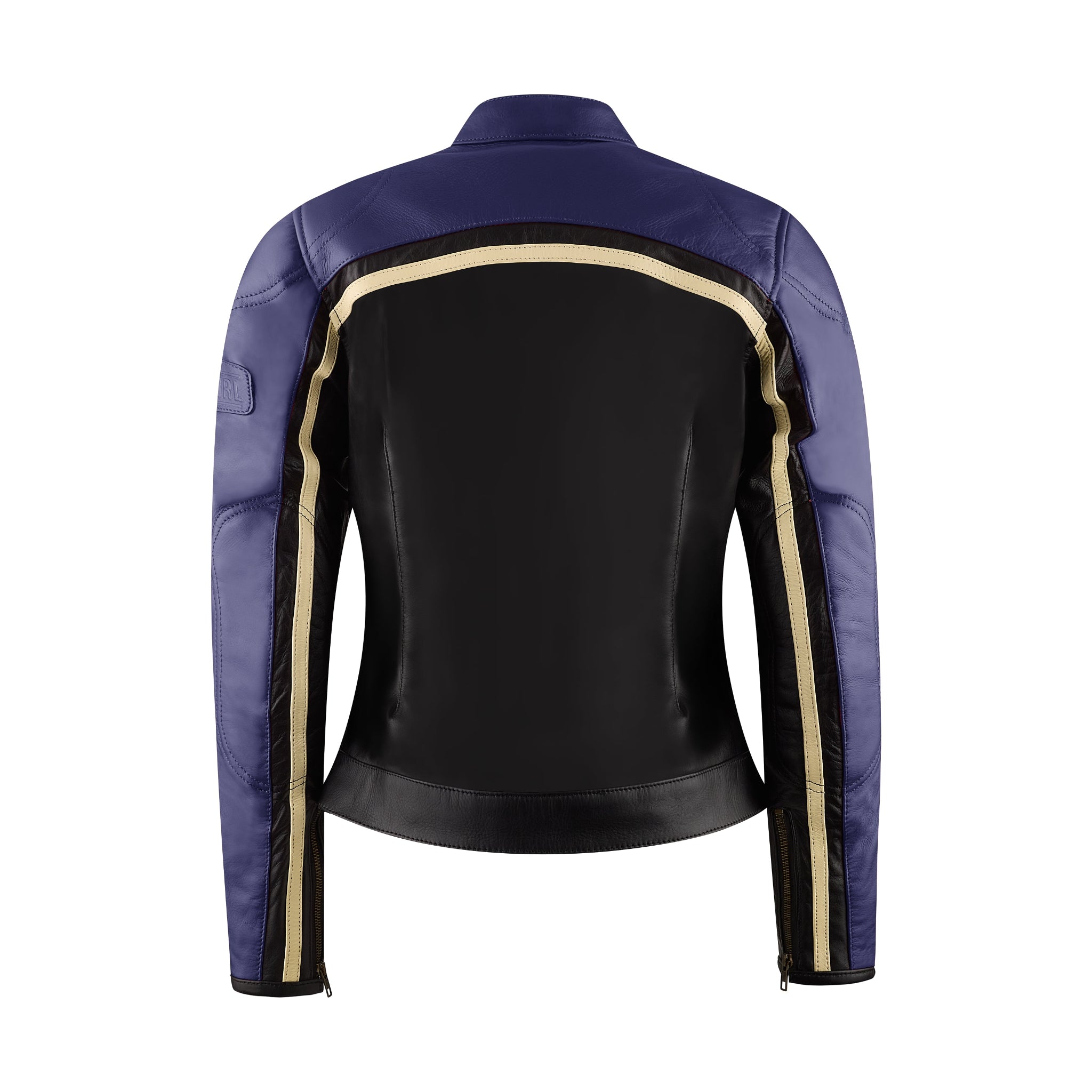 a back of retro style black and purple women motorcycle jacket