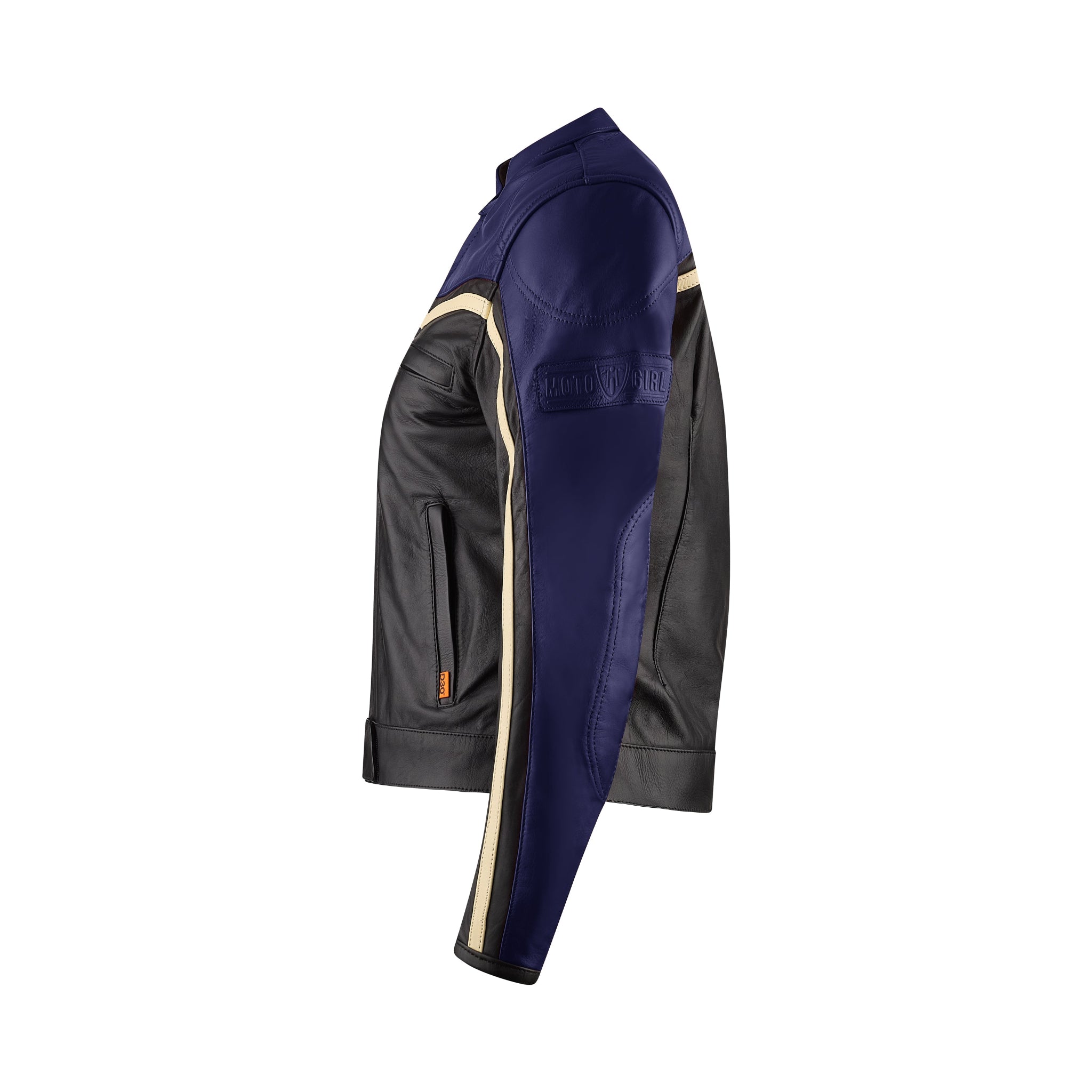 a side of retro style black and purple women motorcycle jacket