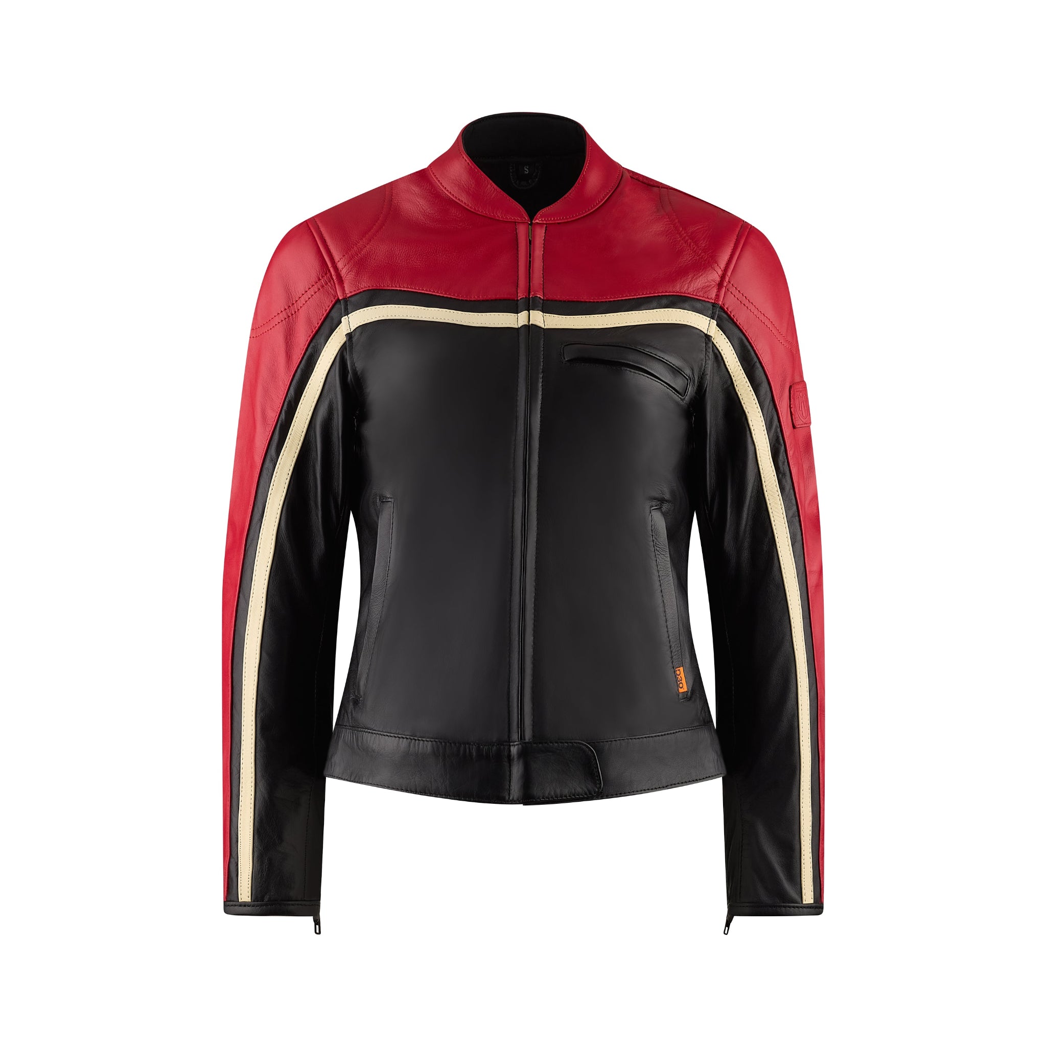 retro style black and red women motorcycle jacket