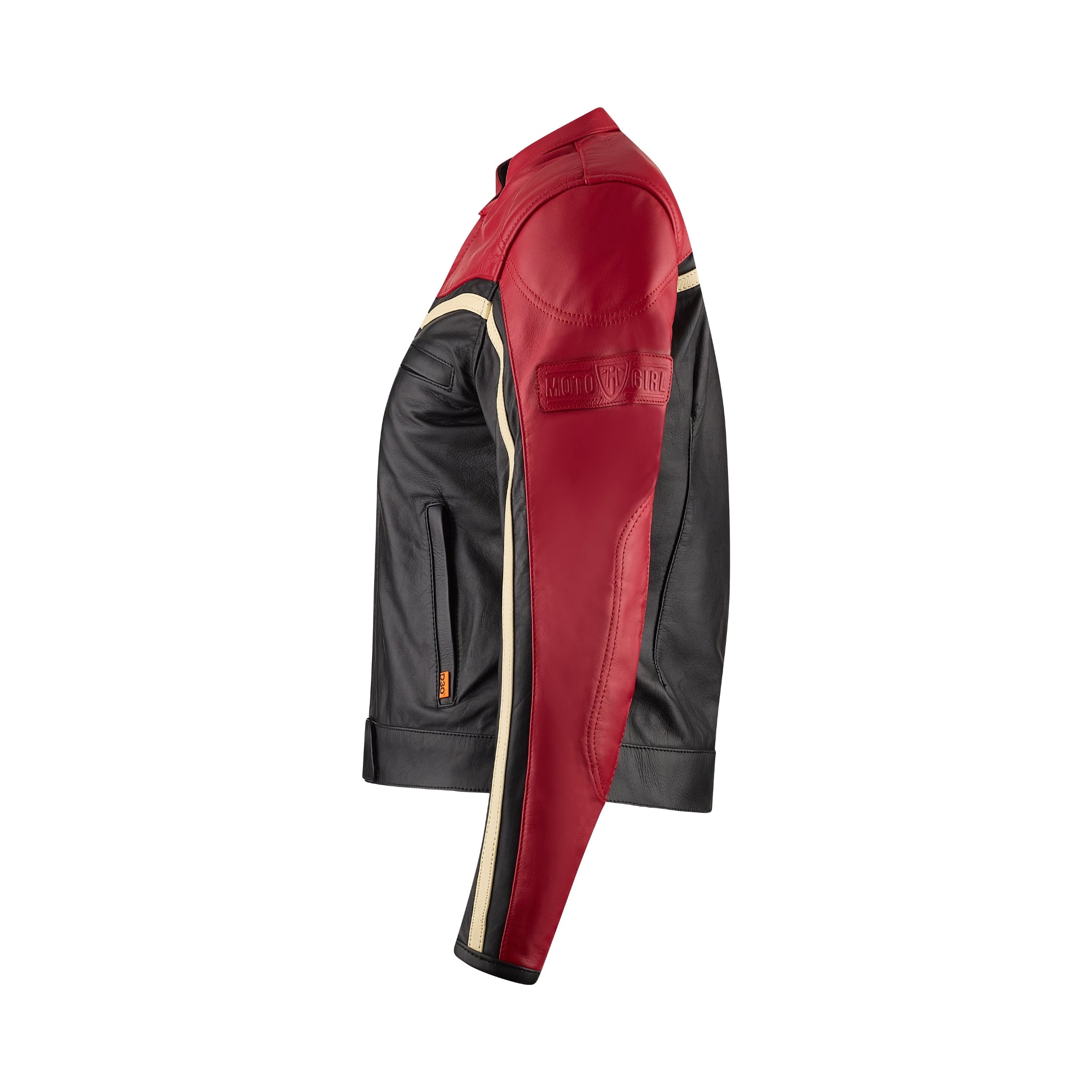 a side of retro style black and red women motorcycle jacket
