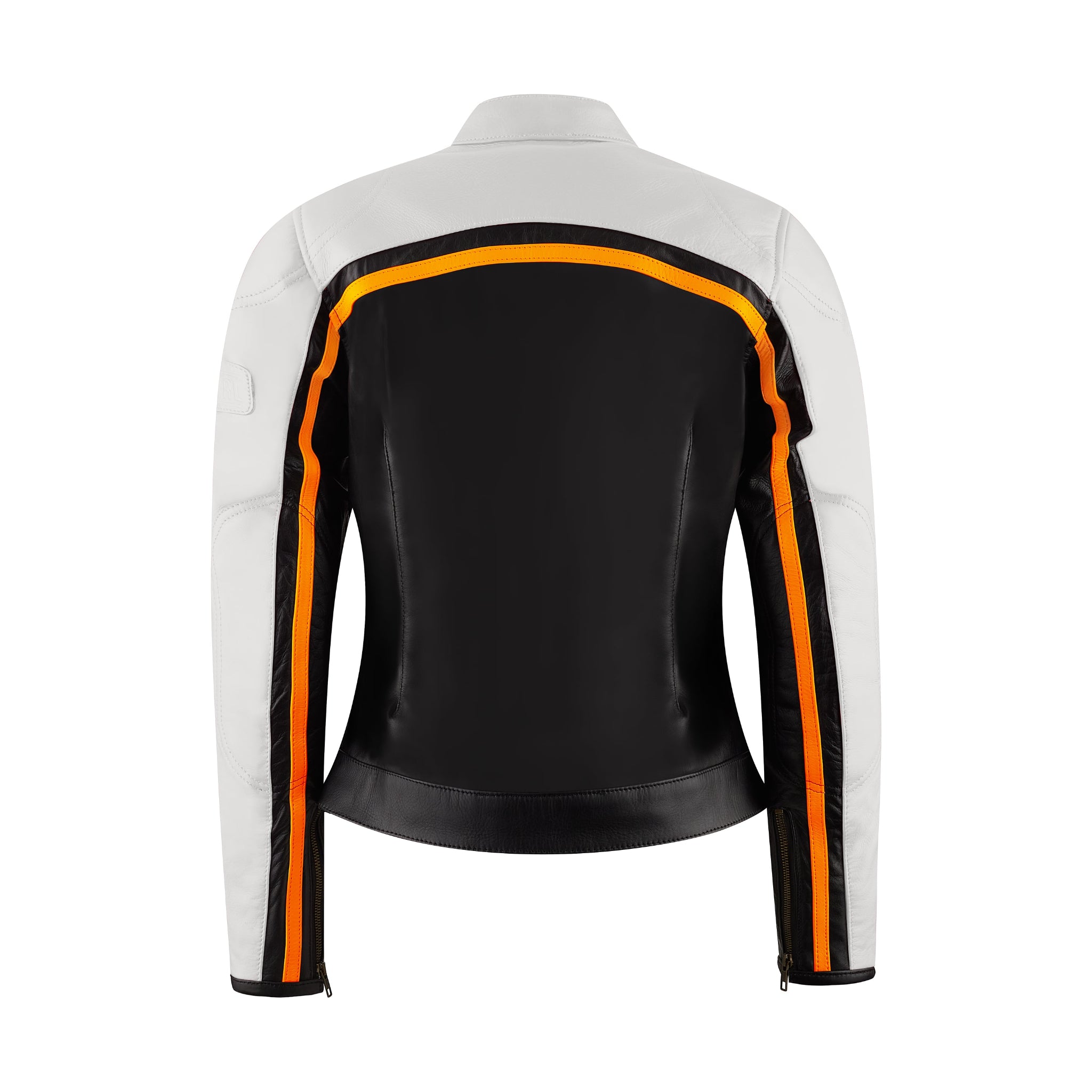 a back of retro style white, black and orange women motorcycle jacket