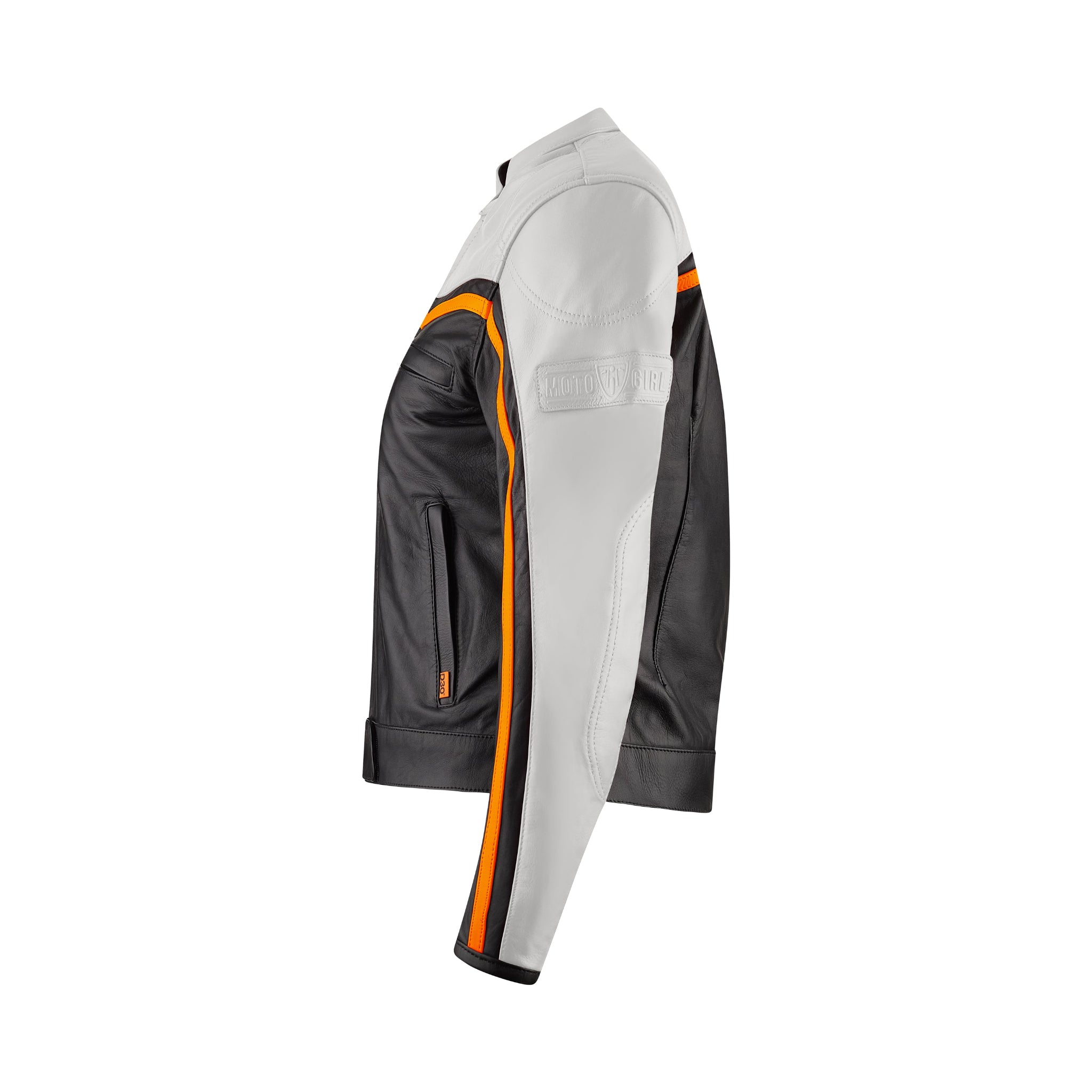 a side of retro style white, black and orange women motorcycle jacket