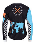 Black long-sleeve shirt with world map design and 'Moto Girl' branding on a white background