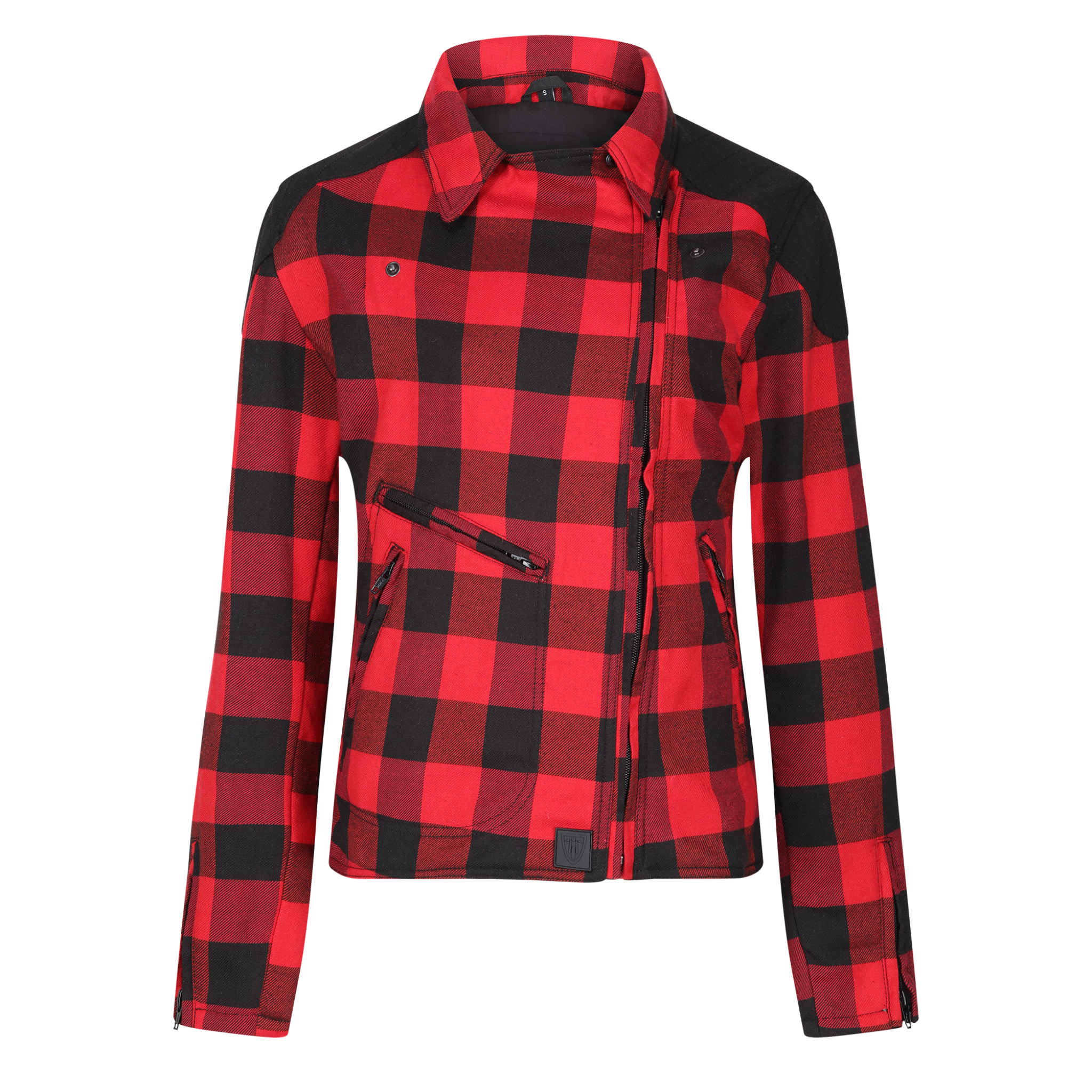 zipped red and black flannel style women's jacket with front side zipper