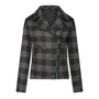 Black & grey flannel style women's jacket with front side zipper and triangle collar