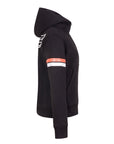 Black hoodie with white and orange accents on a white background