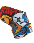 Colorful golf club head cover with graphic design on a white background