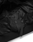 Close-up of a black jacket with a focus on the collar and buttons.