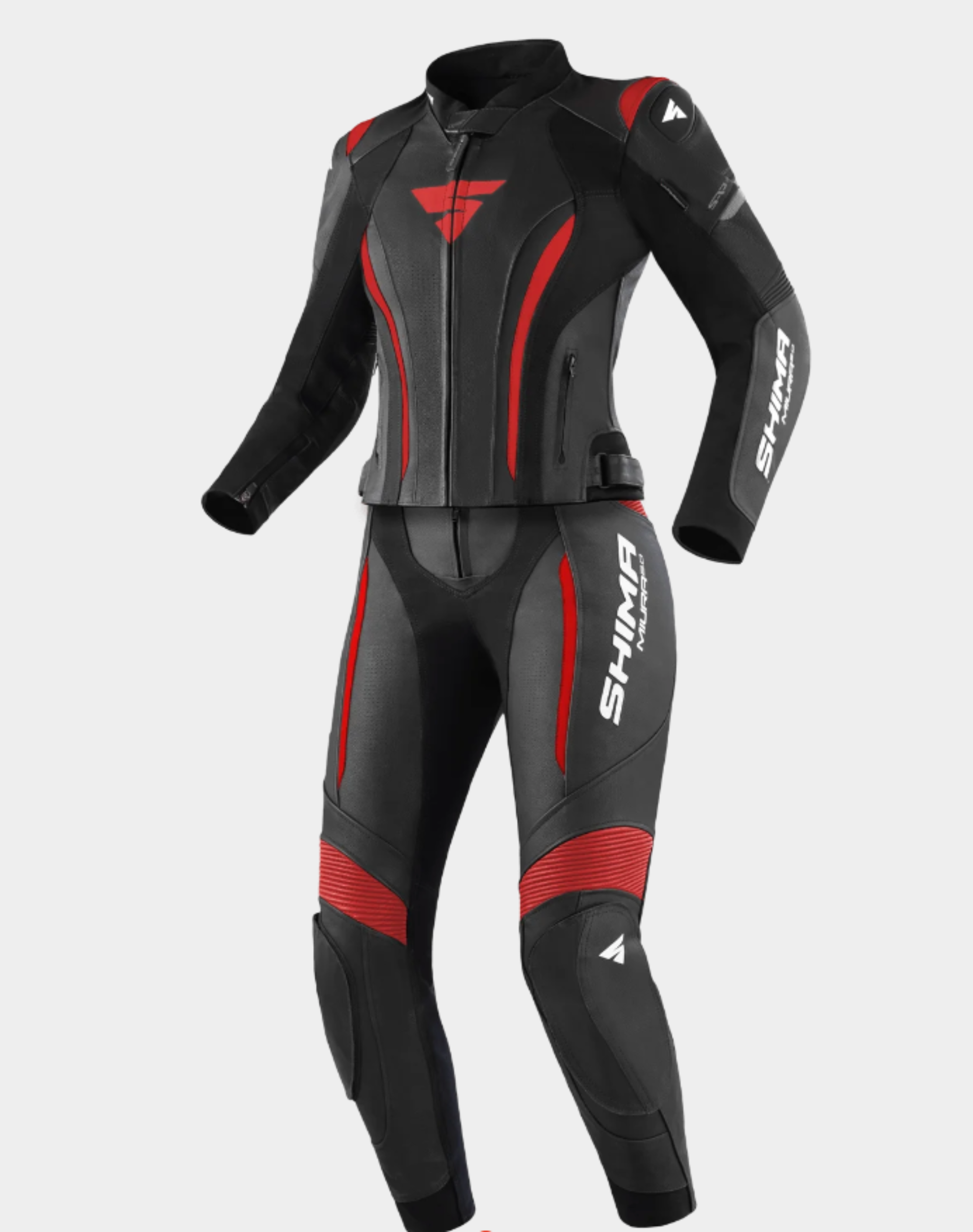 black and red Shima motorcycle leather suit
