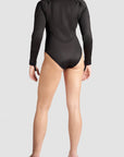woman's back wearing black motorcycle body suit from Pando Moto