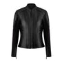 black leather motorcycle jacket with front zip
