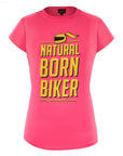 Pink t-shirt from Shima with yellow text "Natural Born Biker"