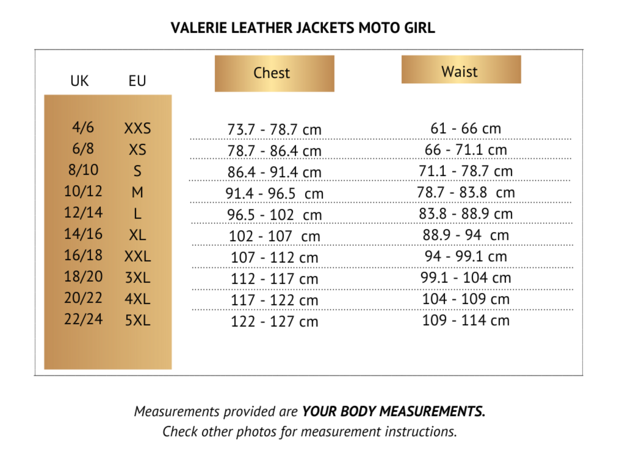 Size chart for female motorcycle leather jacket valerie from motogirl