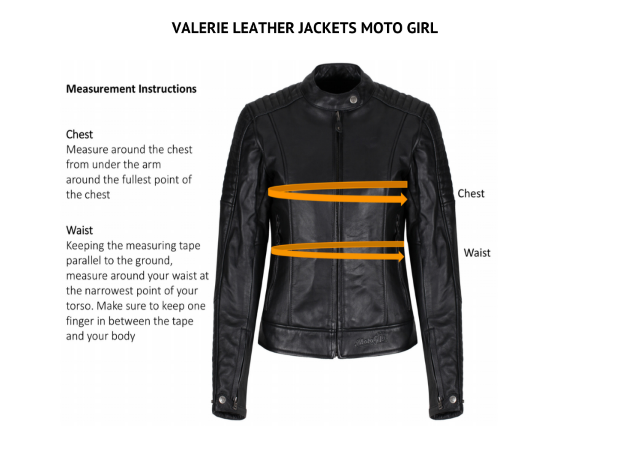 Measurement guide for female motorcycle leather jacket valerie from motogirl