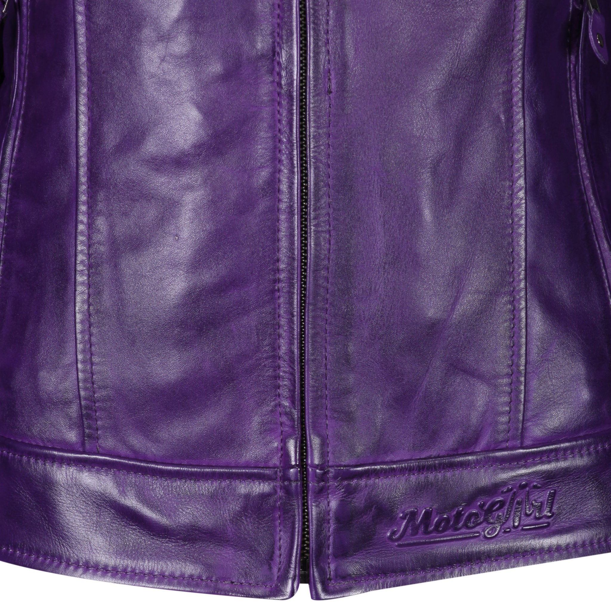close shot of front zipper  of purple Valerie leather jacket