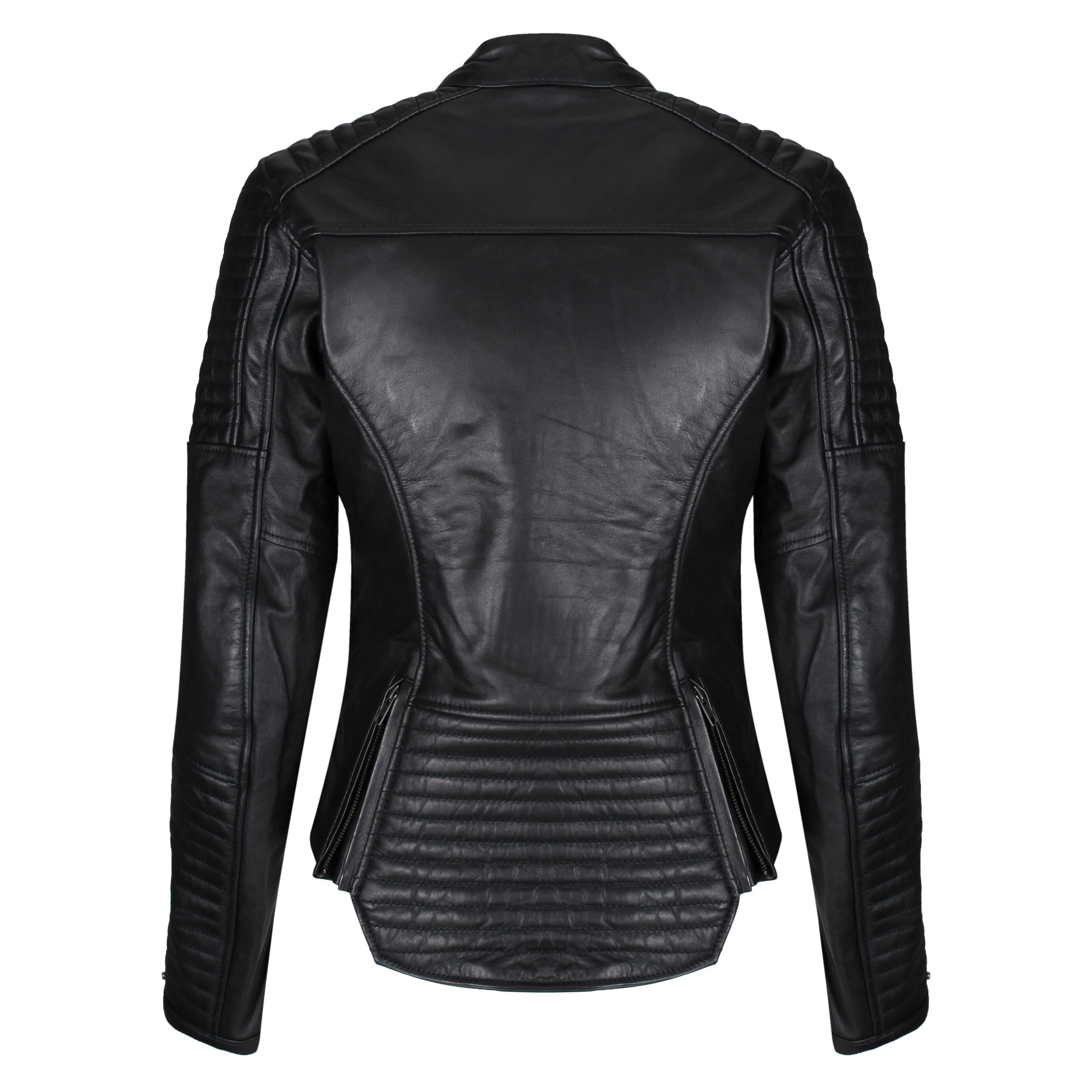 the back of black leather Valerie jacket with two zipper details from moto girl
