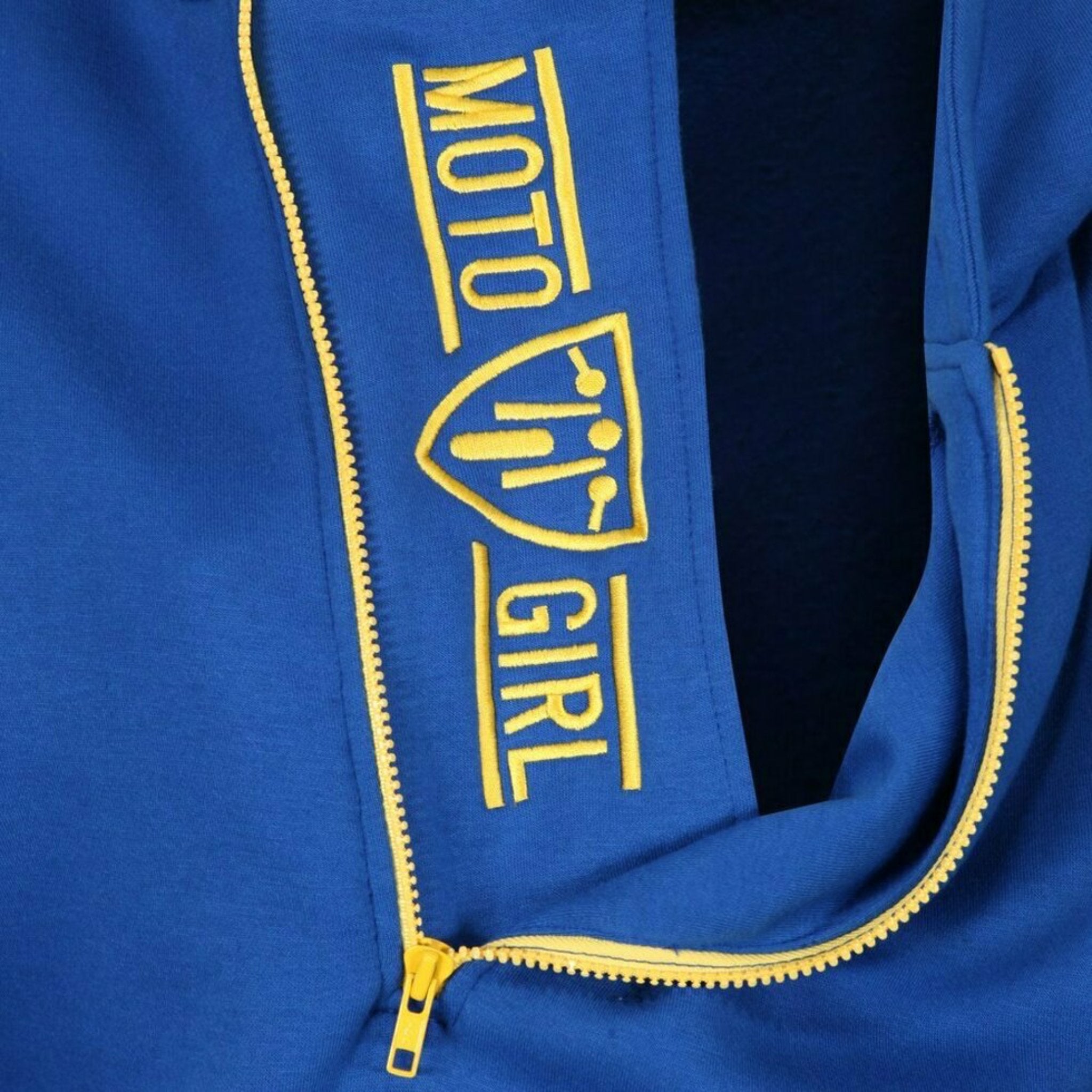 Blue and yellow motorcycle helmet hoodie from Moto Girl close up