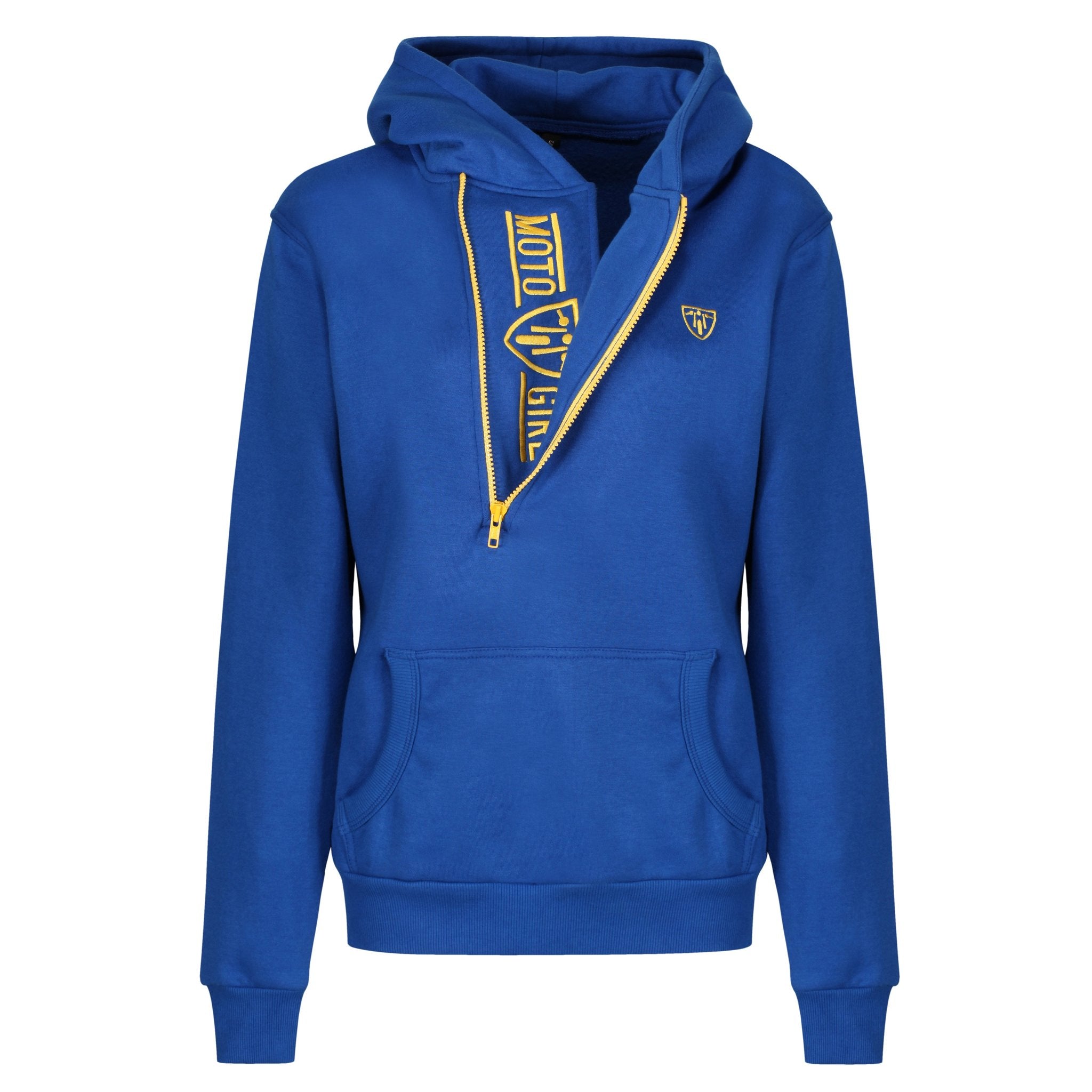 Blue and yellow motorcycle helmet hoodie from Moto Girl from front