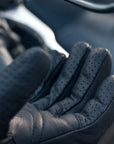Fingers close up of black leather female motorcycle glove from Shima