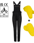Black women's motorcycle overall from Moto Girl with yellow protectors
