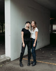 Two women wearing black and blue lady motorcycle jeans from Moto Girl.