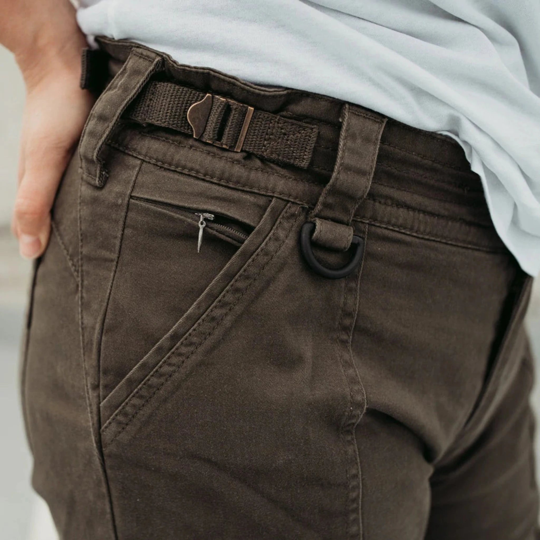 A close up of the wait area of the olive green women's motorcycle cargo pants from Moto Girl