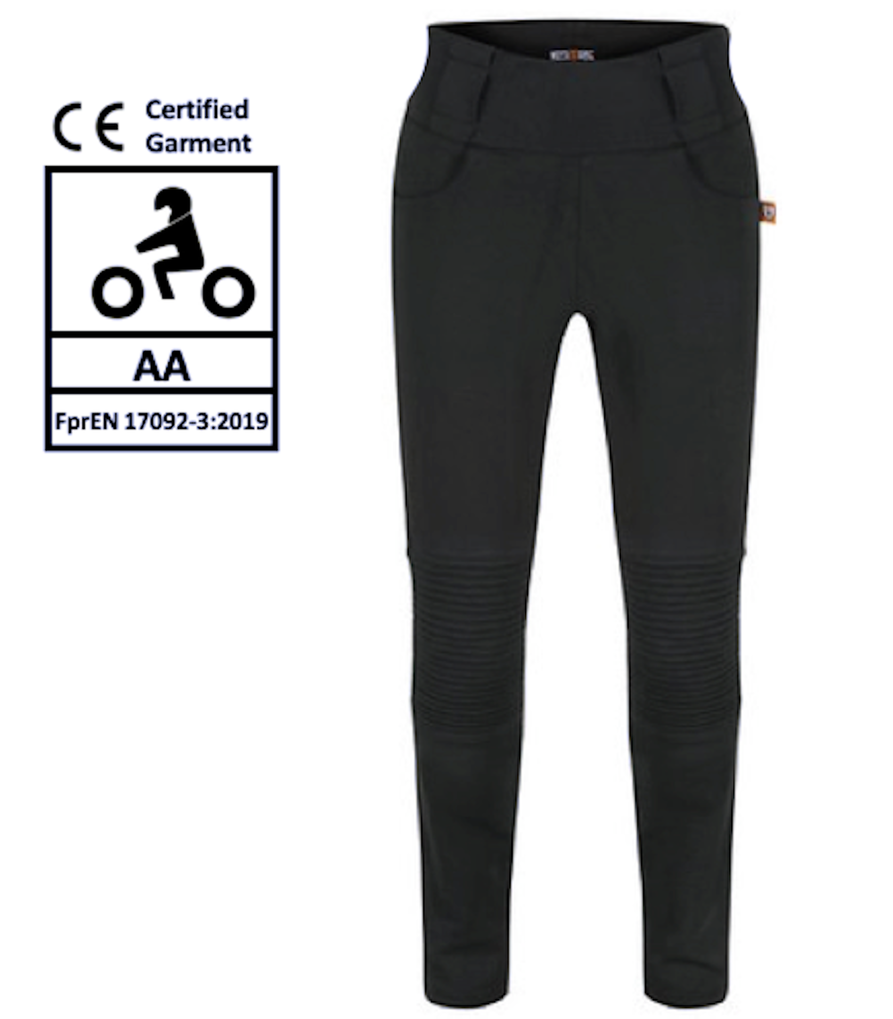 black women's motorcycle ribbed knee design leggings  from MotoGirl from the front with certification details