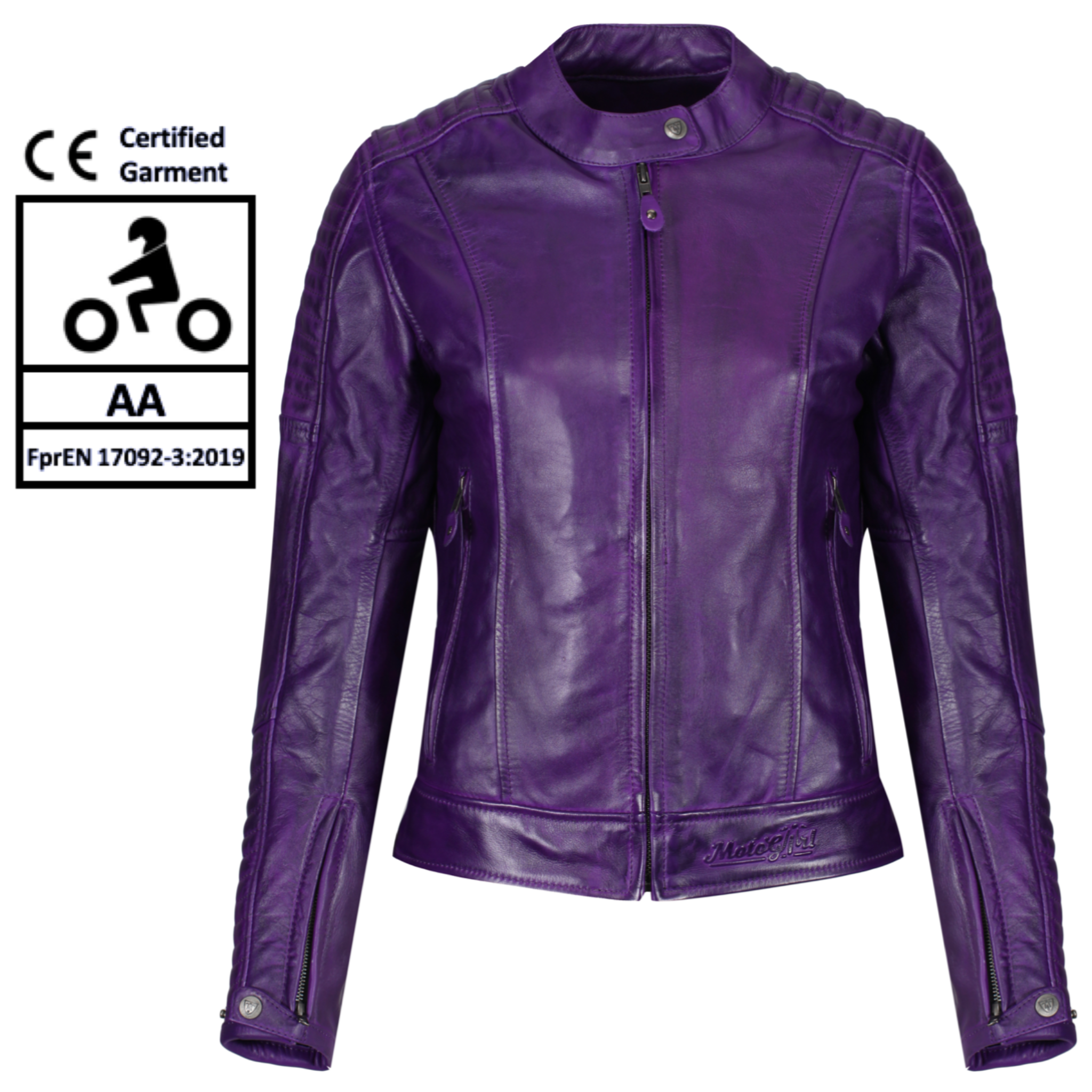 purple Valerie leather jacket from moto girl with safety certificate AA