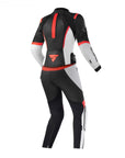 Red, white and black Motorcycle pants and jacket from Shima from the back
