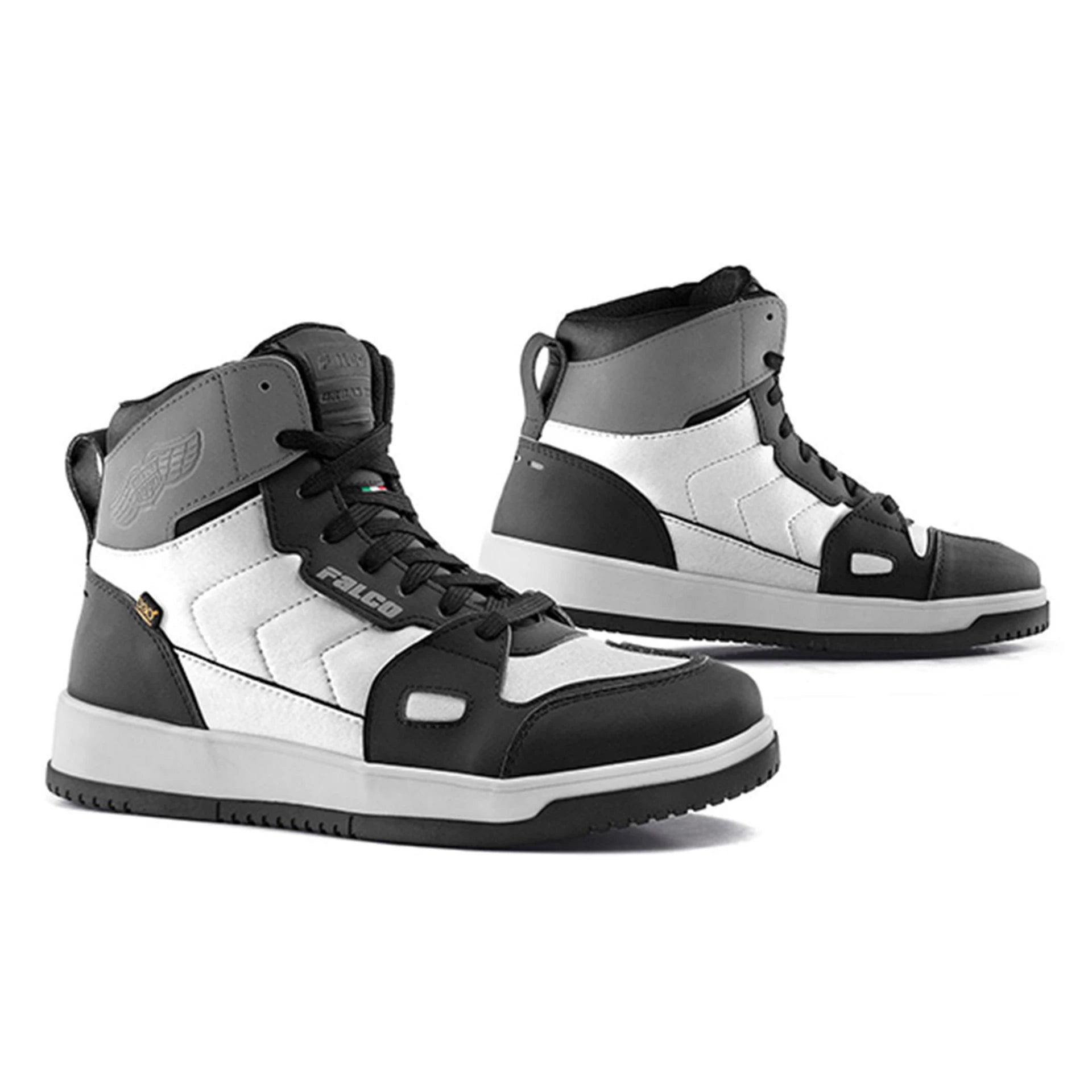 Pair of black, white, and gray high-top shoes on a white background