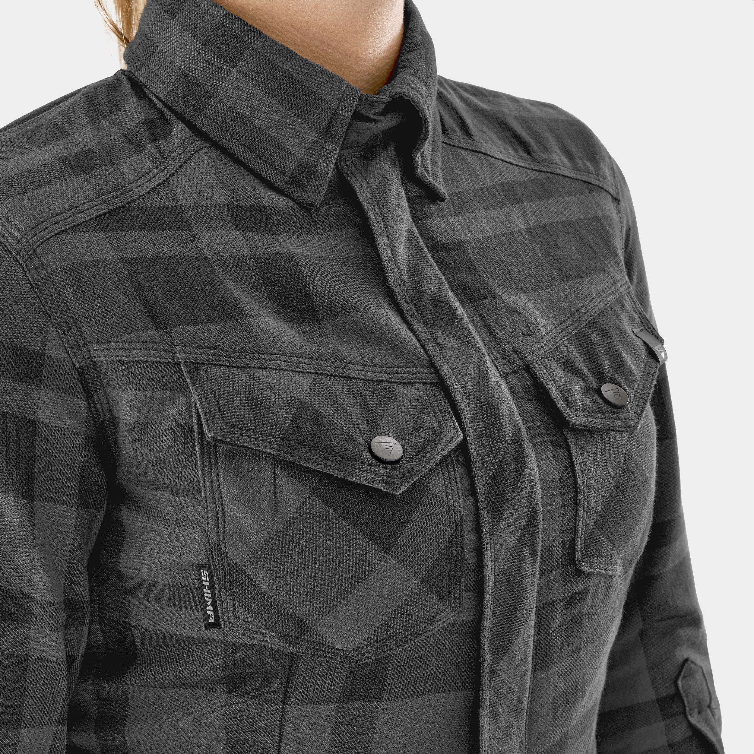 Black and gray checkered jacket with a brand logo on a white background