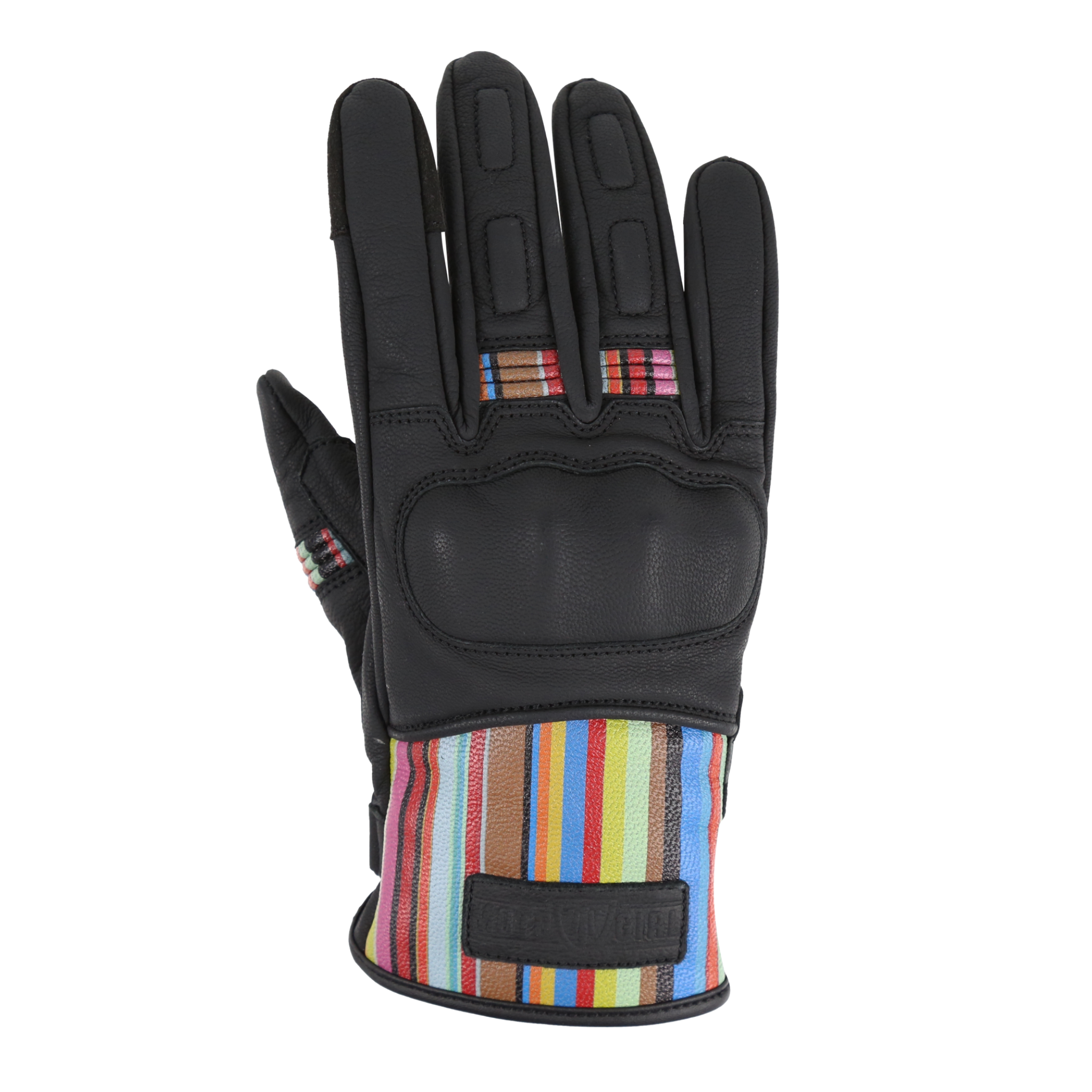 Black women&#39;s motorcycle glove with colourful stripe details 