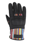 Black women's motorcycle glove with colourful stripe details 