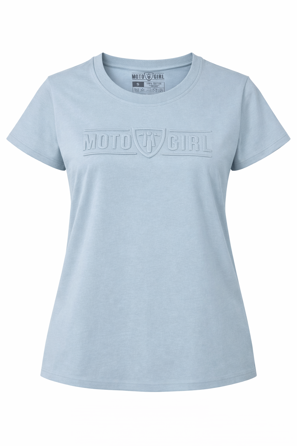 Light blue t-shirt with 'Moto Girl' logo on a white background