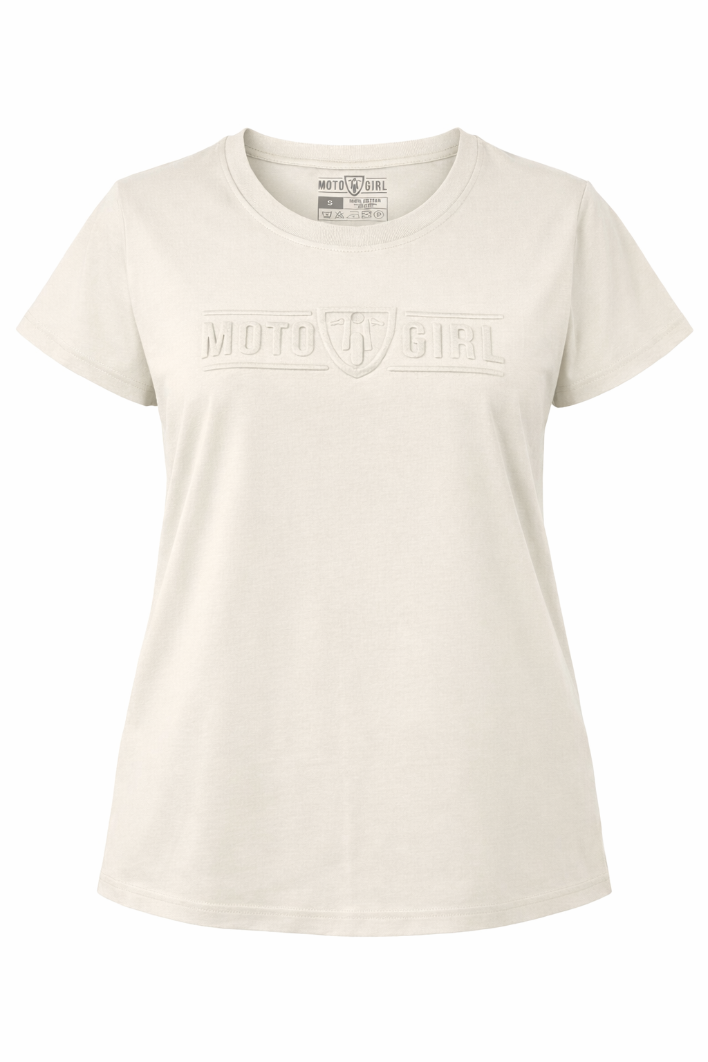 Beige t-shirt with a logo on a white background