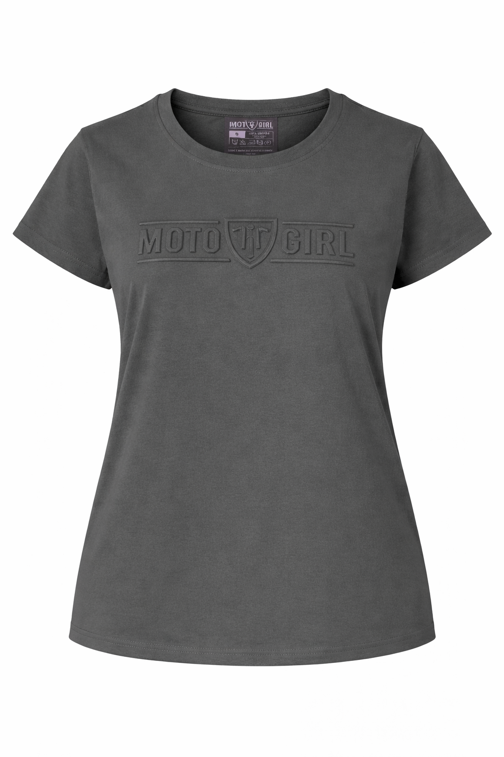 Gray t-shirt with 'Moto Girl' logo on a white background