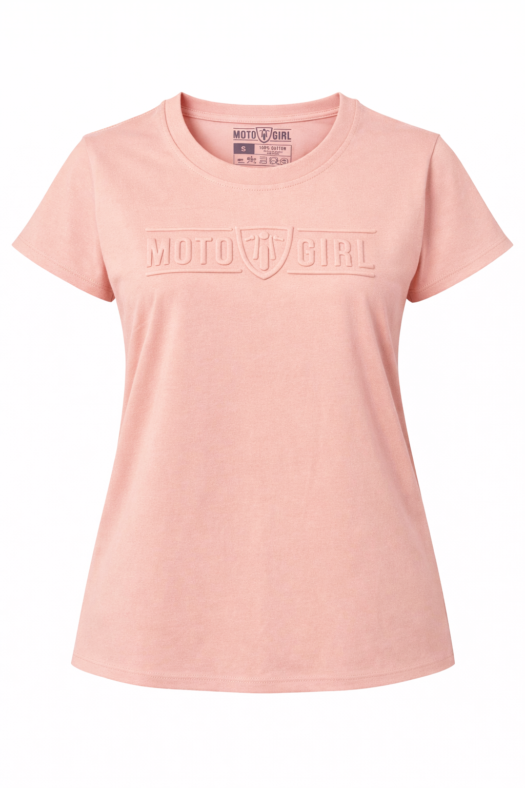 Pink t-shirt with 'Moto Girl' logo on a white background