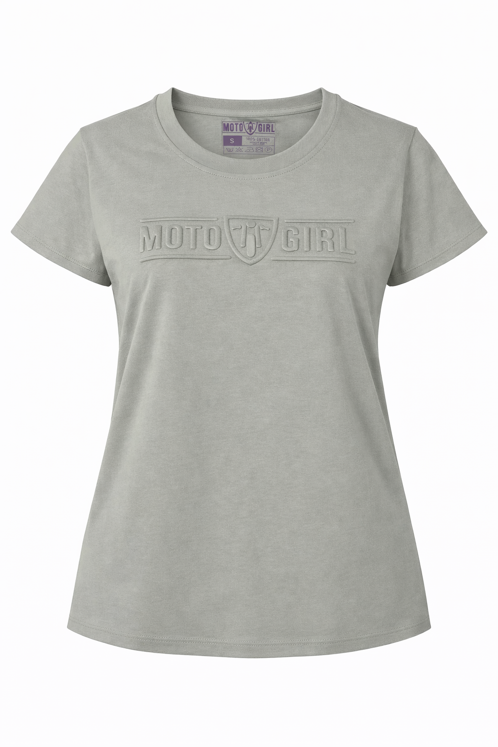 Gray t-shirt with 'Moto Girl' logo on a white background