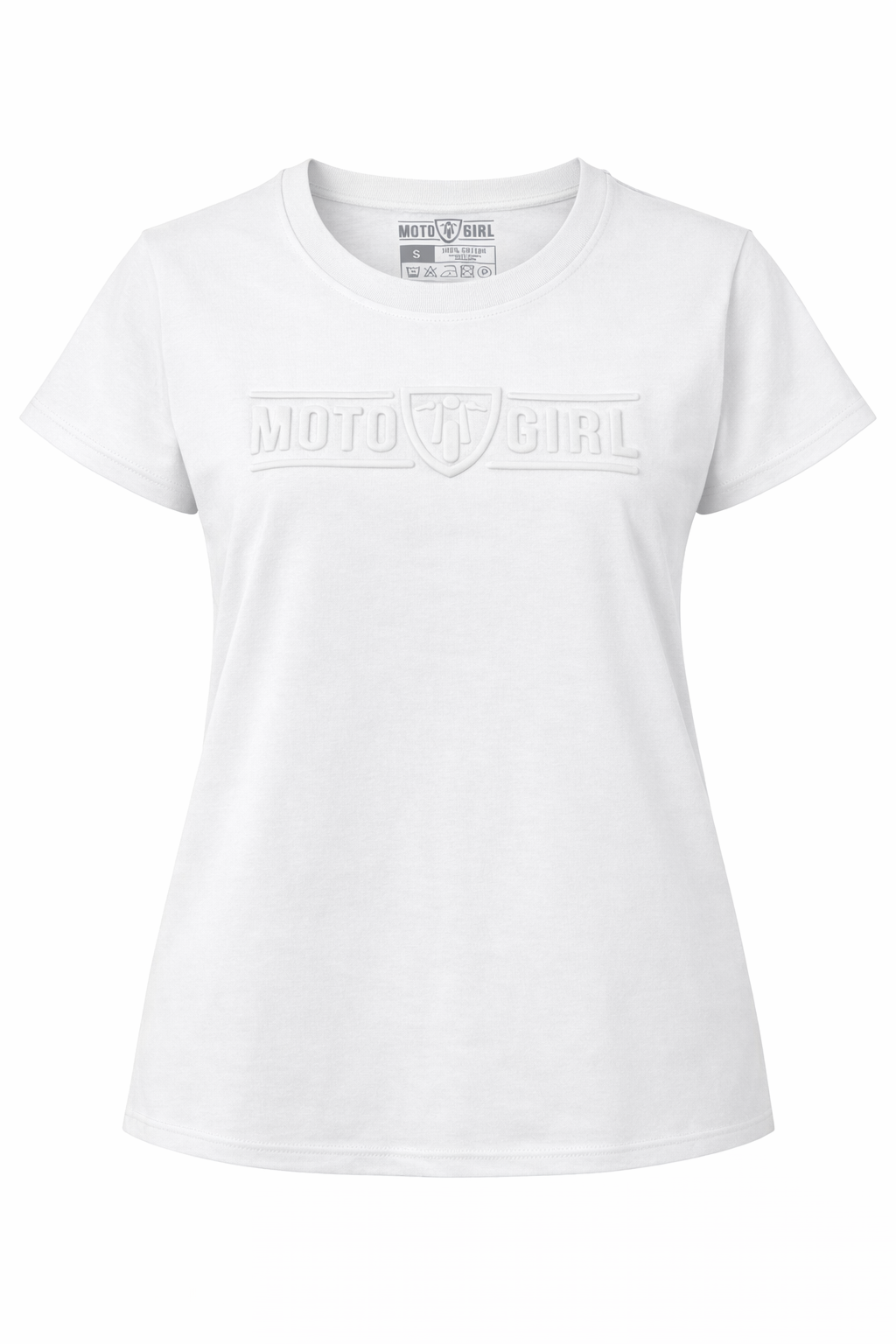 White t-shirt with a Moto Girl logo on a white  background